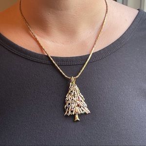 Vintage gold Christmas tree rhinestone necklace
